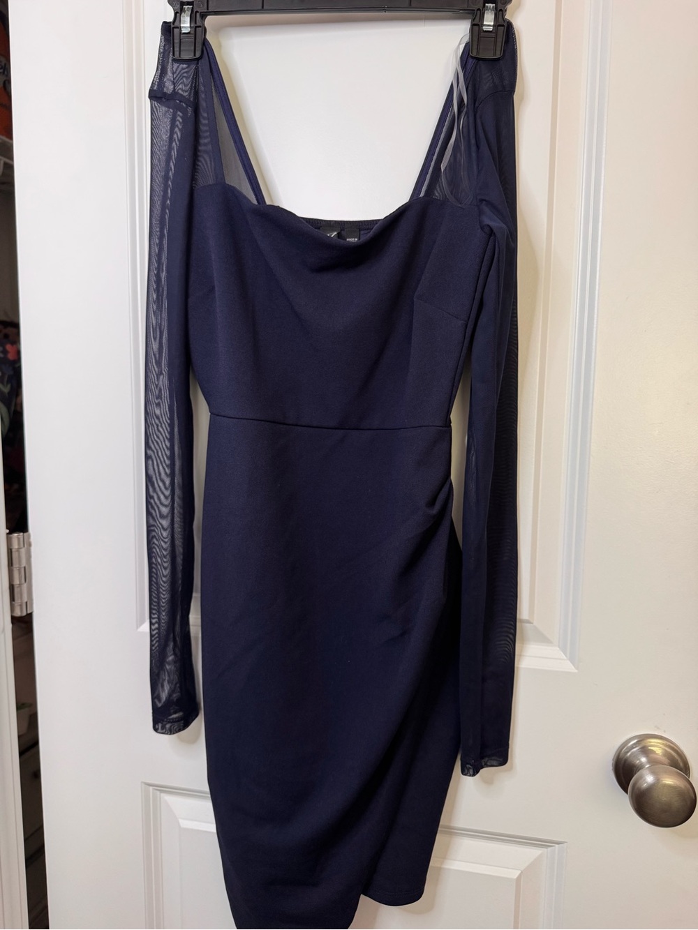 Windsor Navy Off-Shoulder Mesh-Sleeve Bodycon Dress